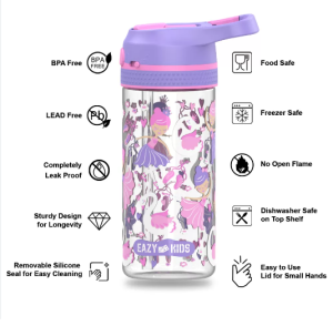 Eazy Kids Lunch Box Set and Tritan Water Bottle w/ Lockable Push button and Carry Handle, Tropical  - Purple, 420ml