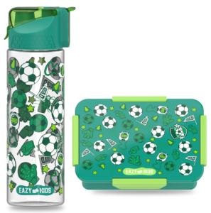 Eazy Kids Lunch Box Set and Tritan Water Bottle w/ 2in1 drinking, Flip lid and Sipper, Soccer  - Green, 650ml