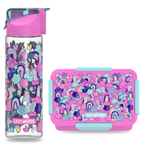 Eazy Kids Lunch Box Set and Tritan Water Bottle w/ 2in1 drinking, Flip lid and Sipper, Unicorn  - Pink, 650ml