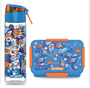Eazy Kids Lunch Box and Tritan Water Bottle w/ Spray, Soccer  - Blue, 750ml
