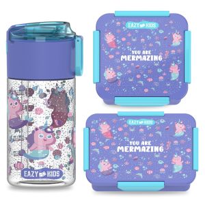 Eazy Kids Lunch Box Set and Tritan Water Bottle w/ Snack Box, Mermaid  - Purple, 450ml