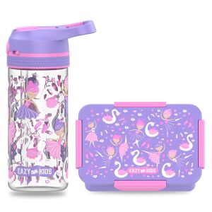 Eazy Kids Lunch Box Set and Tritan Water Bottle w/ Lockable Push button and Carry Handle, Tropical  - Purple, 420ml